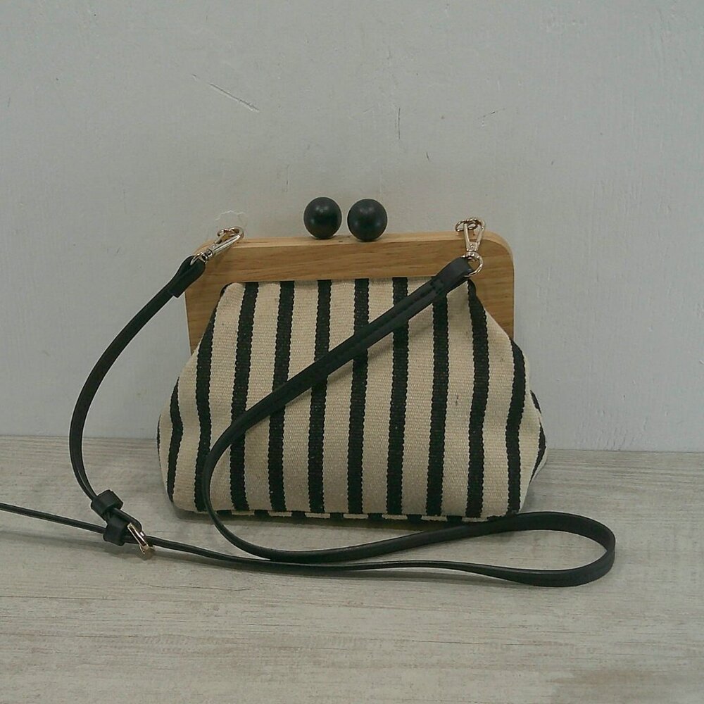 Zara Retro-inspired Black Tan Canvas Stripped Wooden kiss-lock Crossbody bag